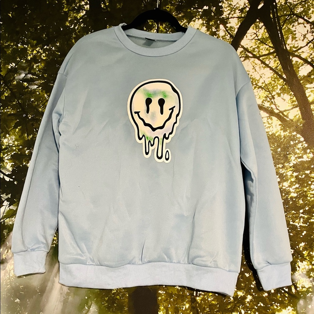 SHEIN Smiley Face Light Blue Crewneck